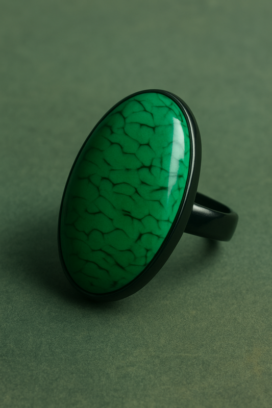 Ring with a green oval stone on a green background