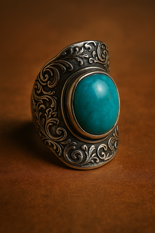 Decorative ring with turquoise stone on a brown background