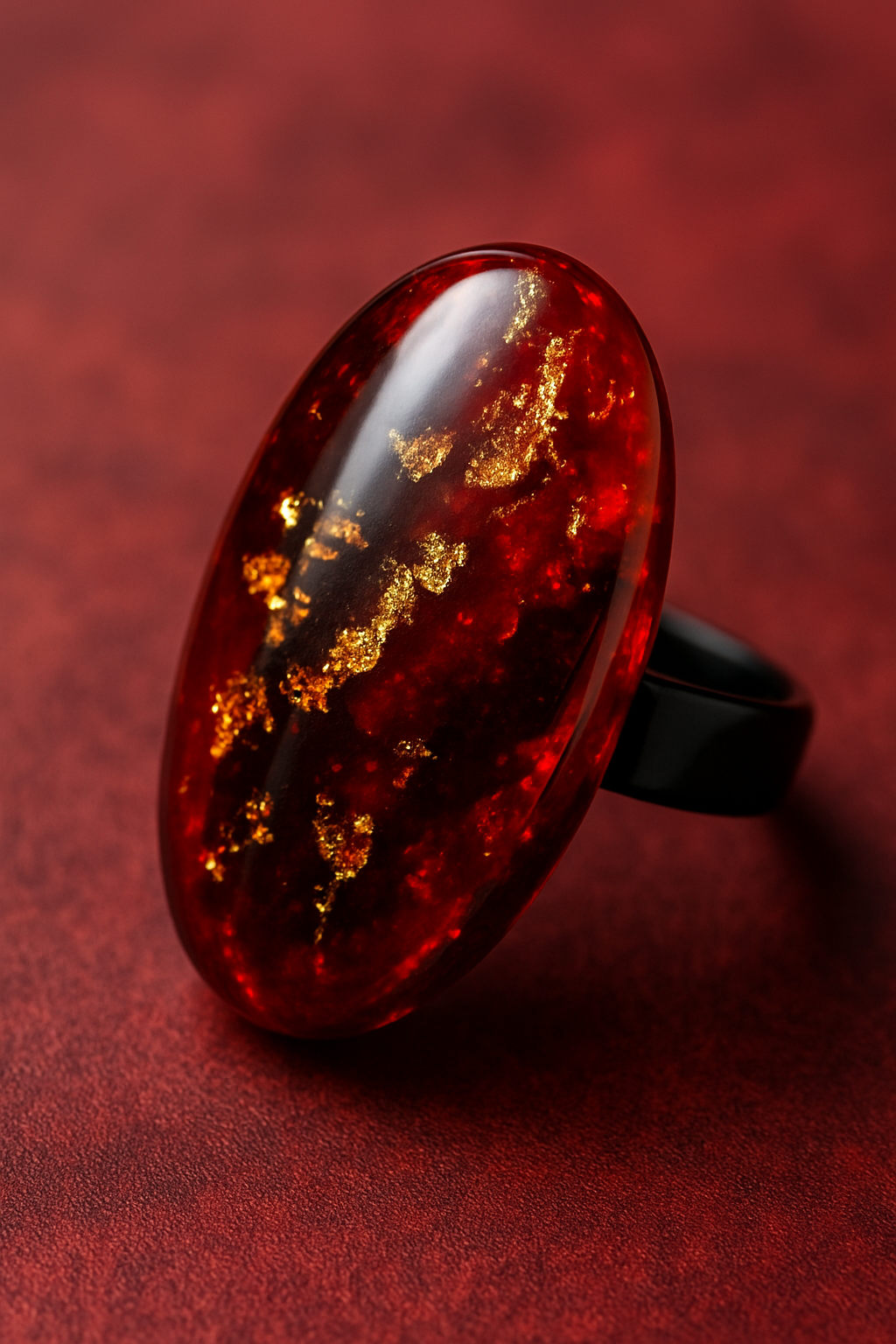 Ring with a large, oval, red stone featuring gold inclusions on a red background