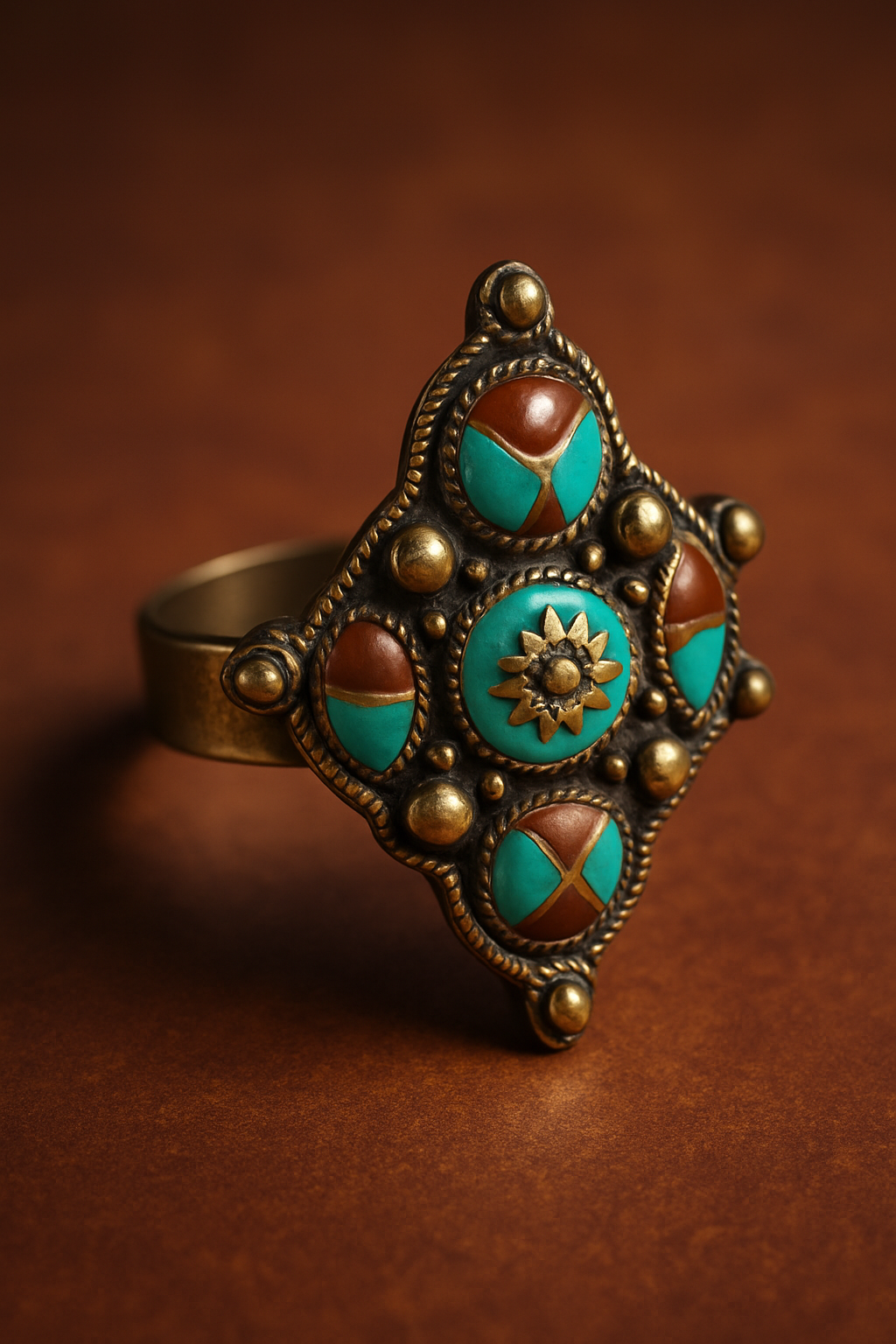 Decorative ring with turquoise and brown stones on a brown background