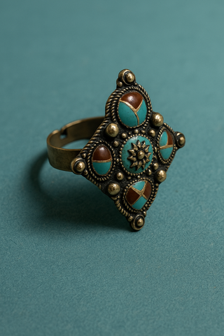 Decorative ring with turquoise and gold accents on a teal background