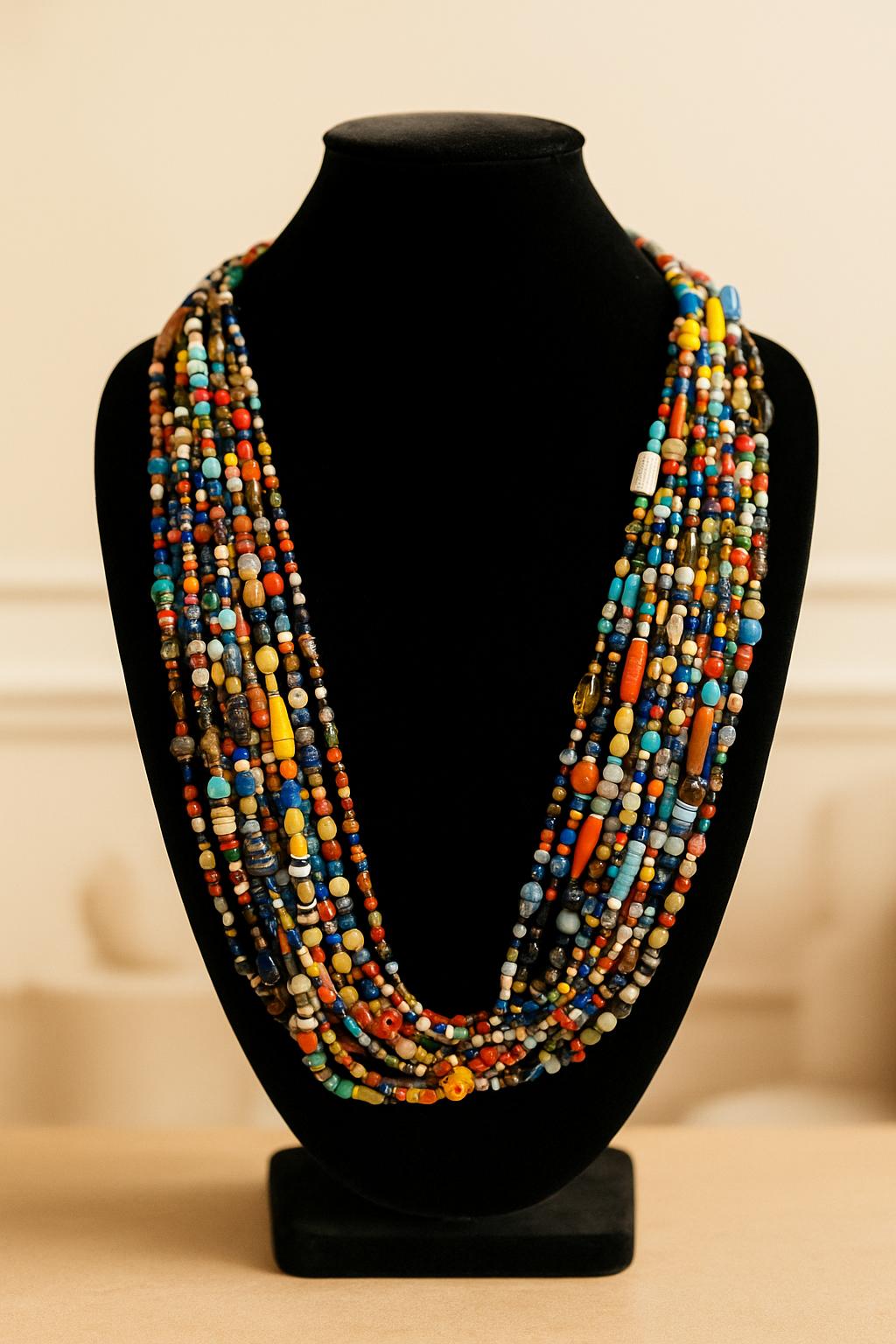 Colorful beaded necklace on a black mannequin bust against a beige background