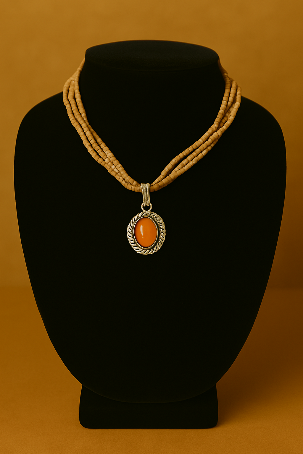 Necklace with a pendant on a black mannequin bust against an orange background