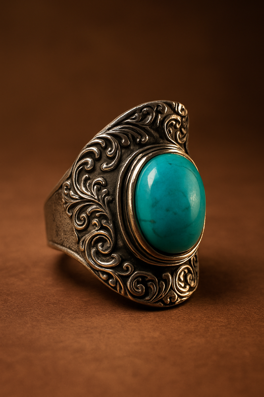 Decorative ring with turquoise stone on a brown background